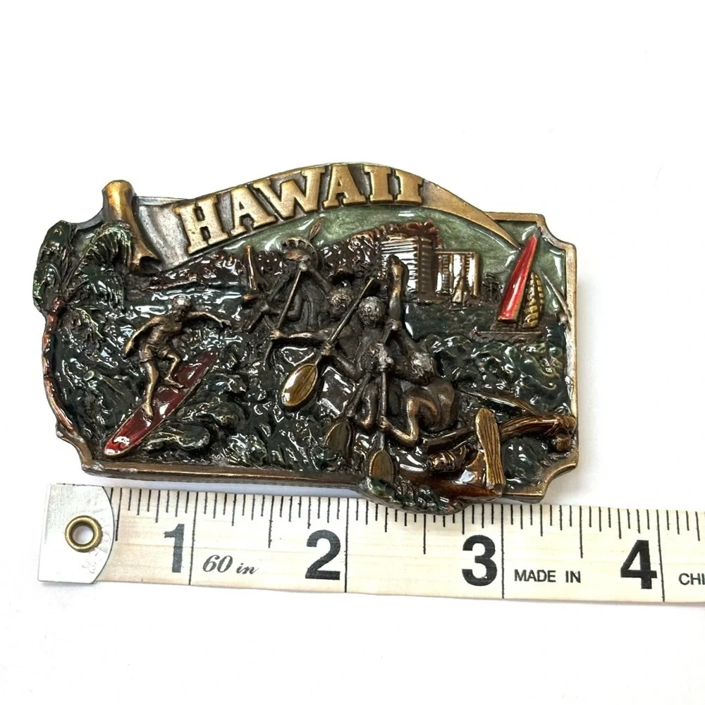 Vintage Arroyo Grande Hawaii Surf Scene Textured 3D Brass & Enamel Belt Buckle